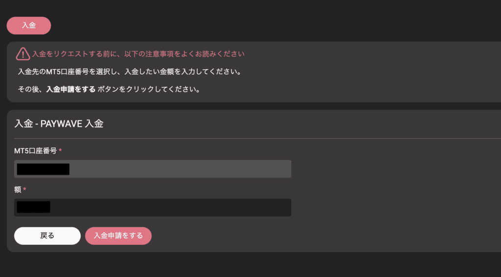 PAY WAVE MT5口座番号と入金額