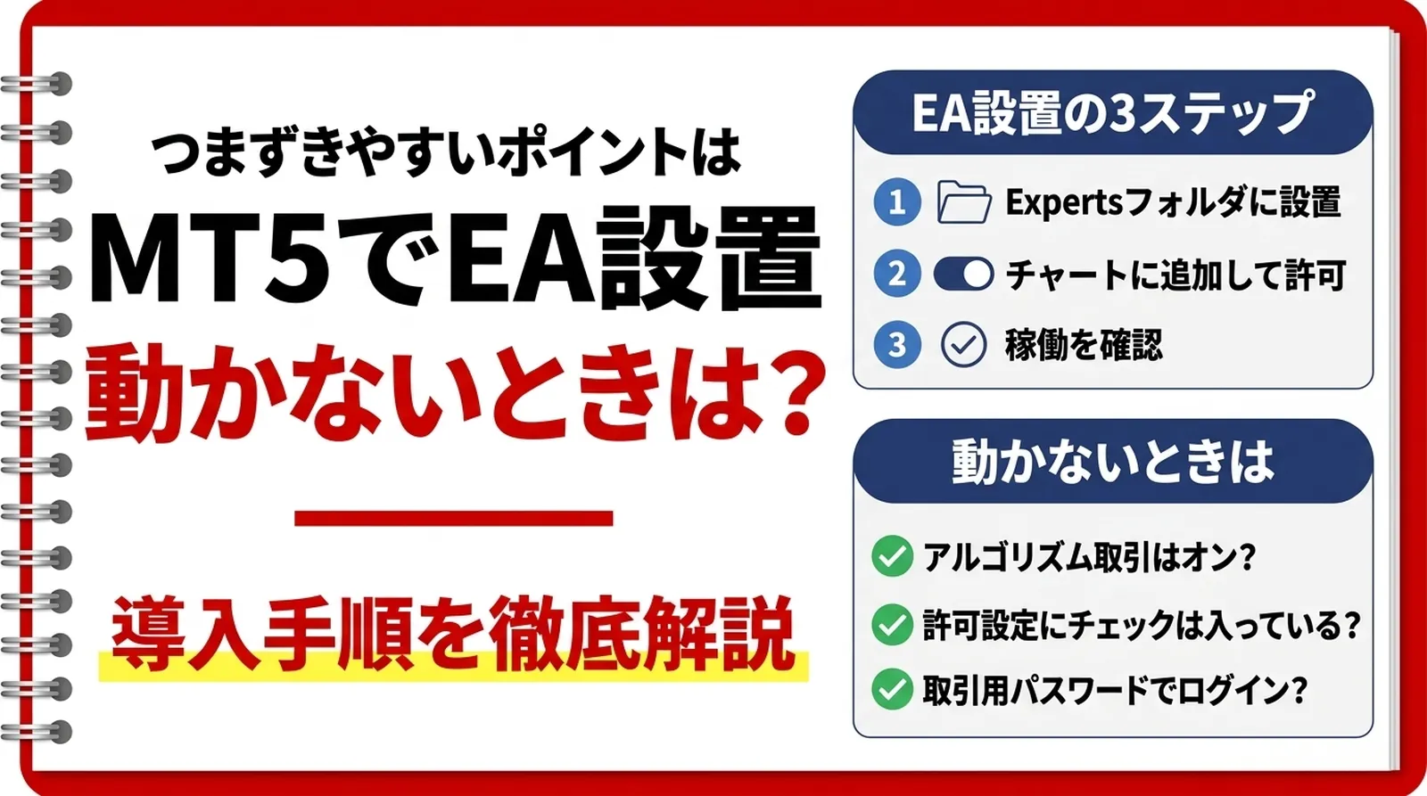 MT5でEAを設置する3ステップとチェックリストを示すアイキャッチ画像